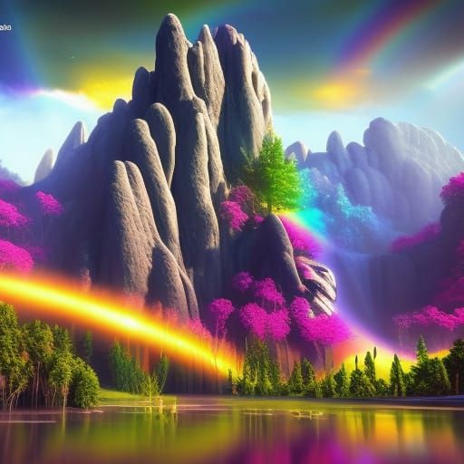 Beautiful mountain landscape, waterfalls,  rainbow