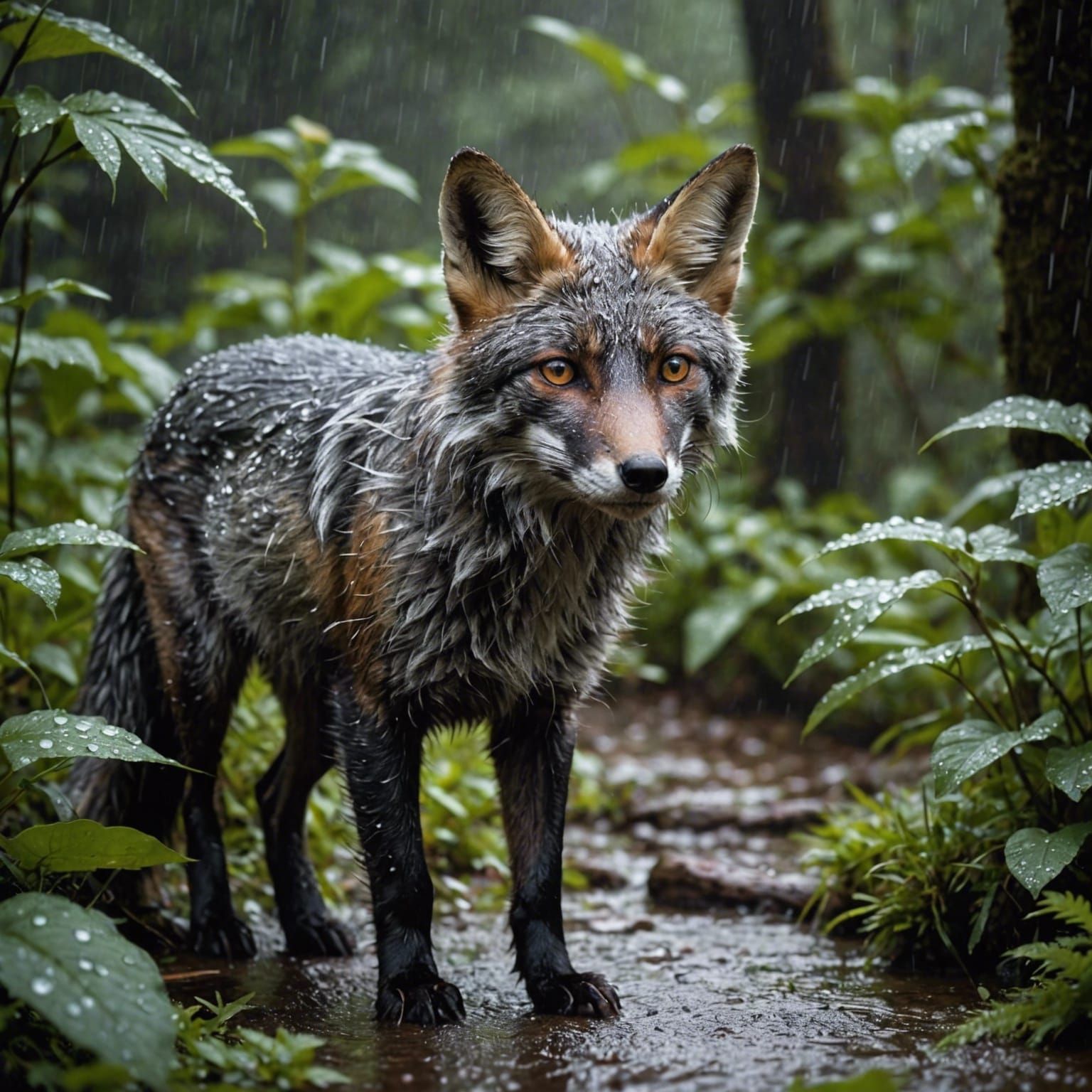 A sleek, silver fox emerges from the dense foliage as the ra...