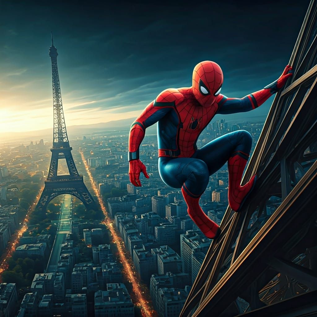 Spiderman Climbing Eiffel Tower: Detailed Matte Painting