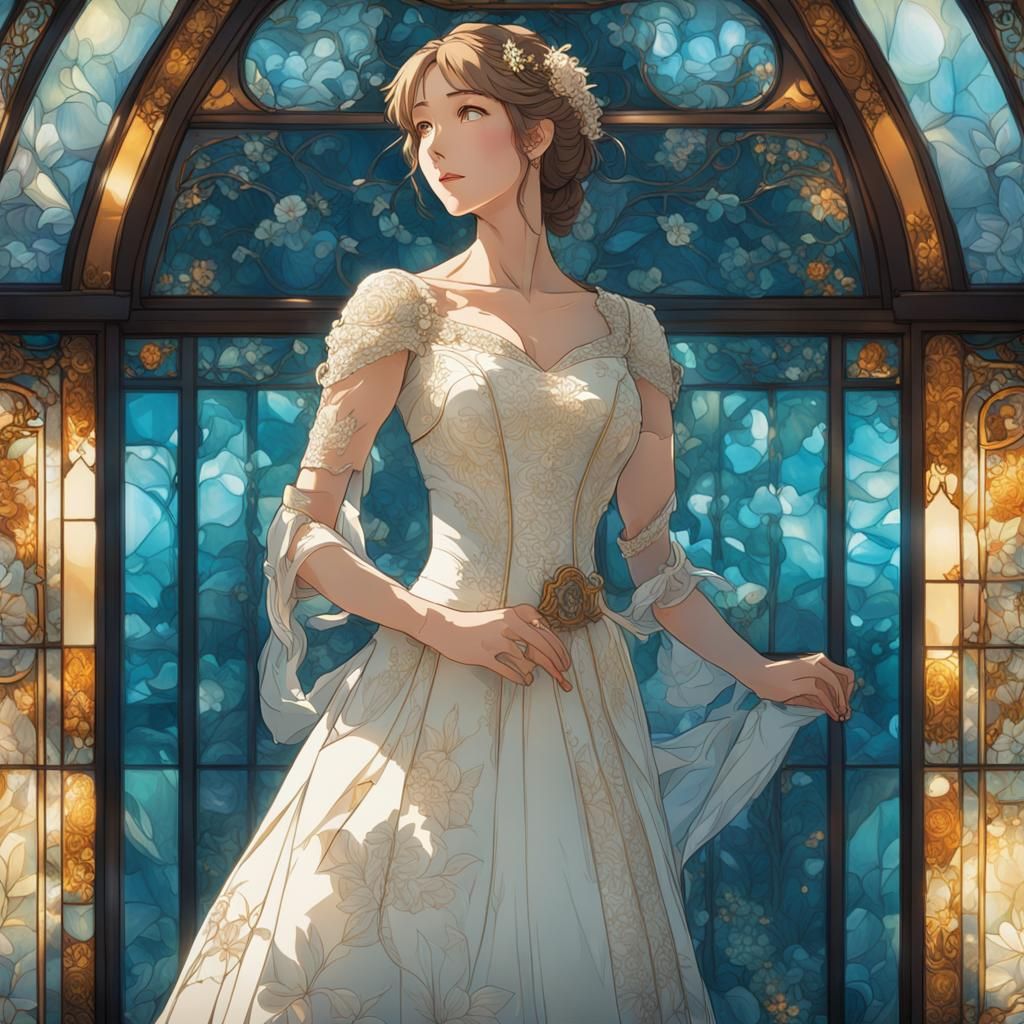 Beautiful woman in wedding dress in front of glass in lead w...