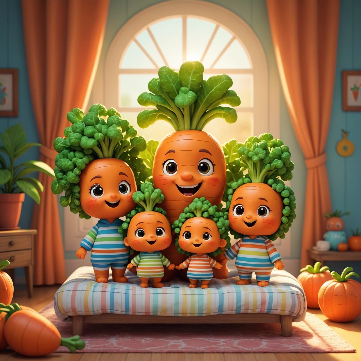 Chibi carrot family in colourful striped pyjamas