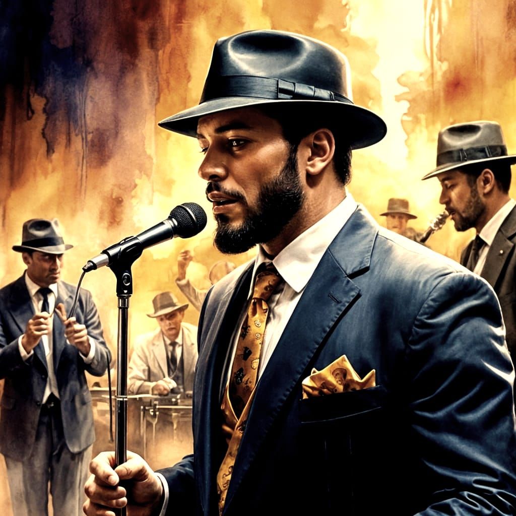 1920 jazz mafia style, male Singer in hat in club, drawing by splash watercolors  by @p3pe