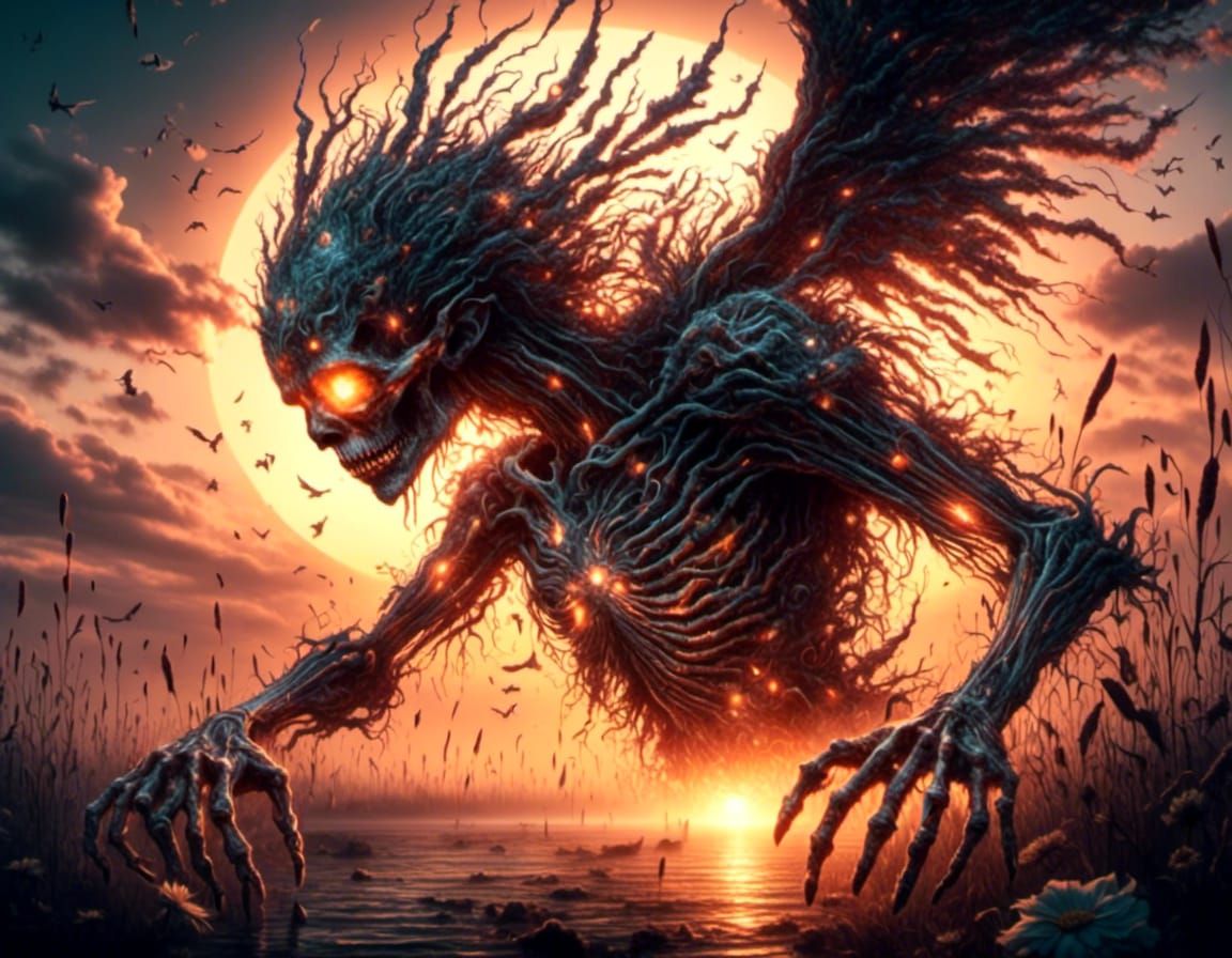 A doomed glowing creature lying wounded in the dying light of the sun <lora:Bathing in light:1.0>