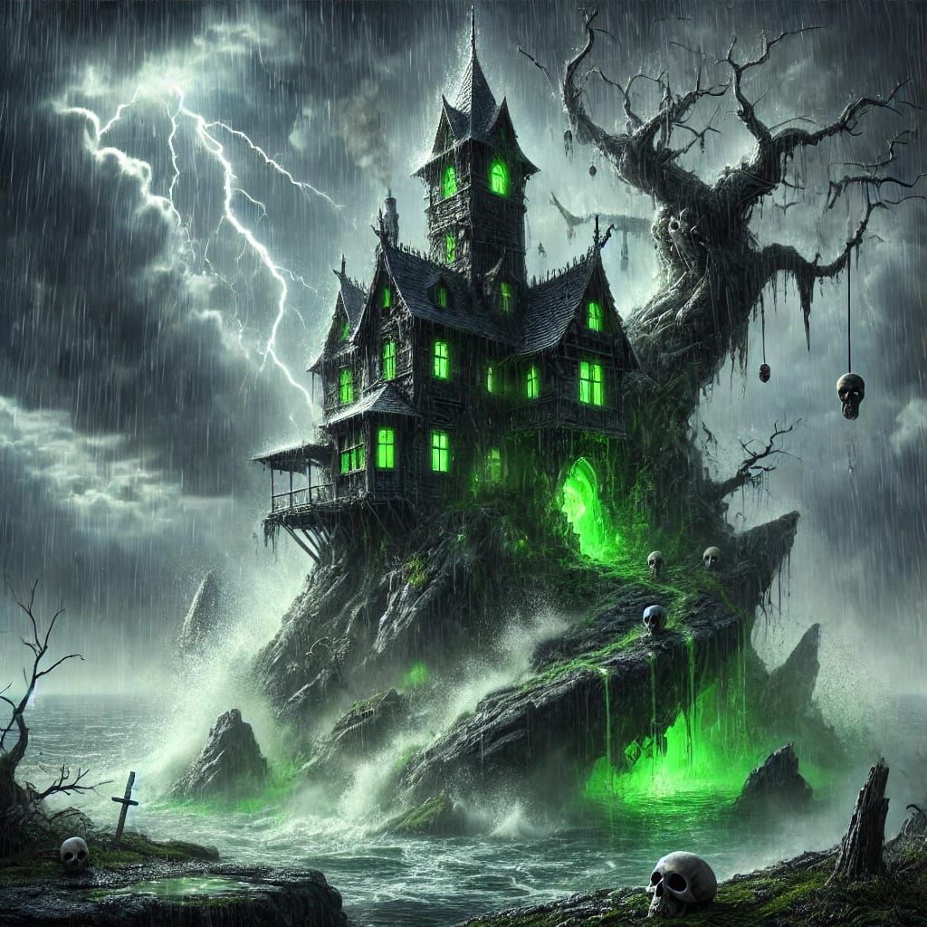 The witch's manor perched atop a jagged rocky outcrop, exudi...