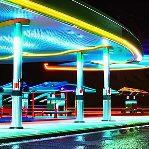 Gas station with neon lights