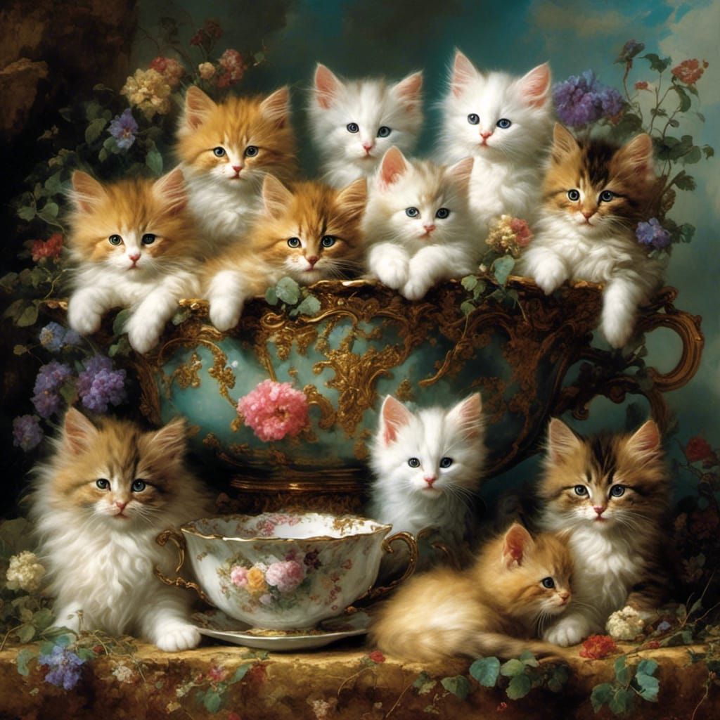 A large pile of pretty kittens together with a teacup.