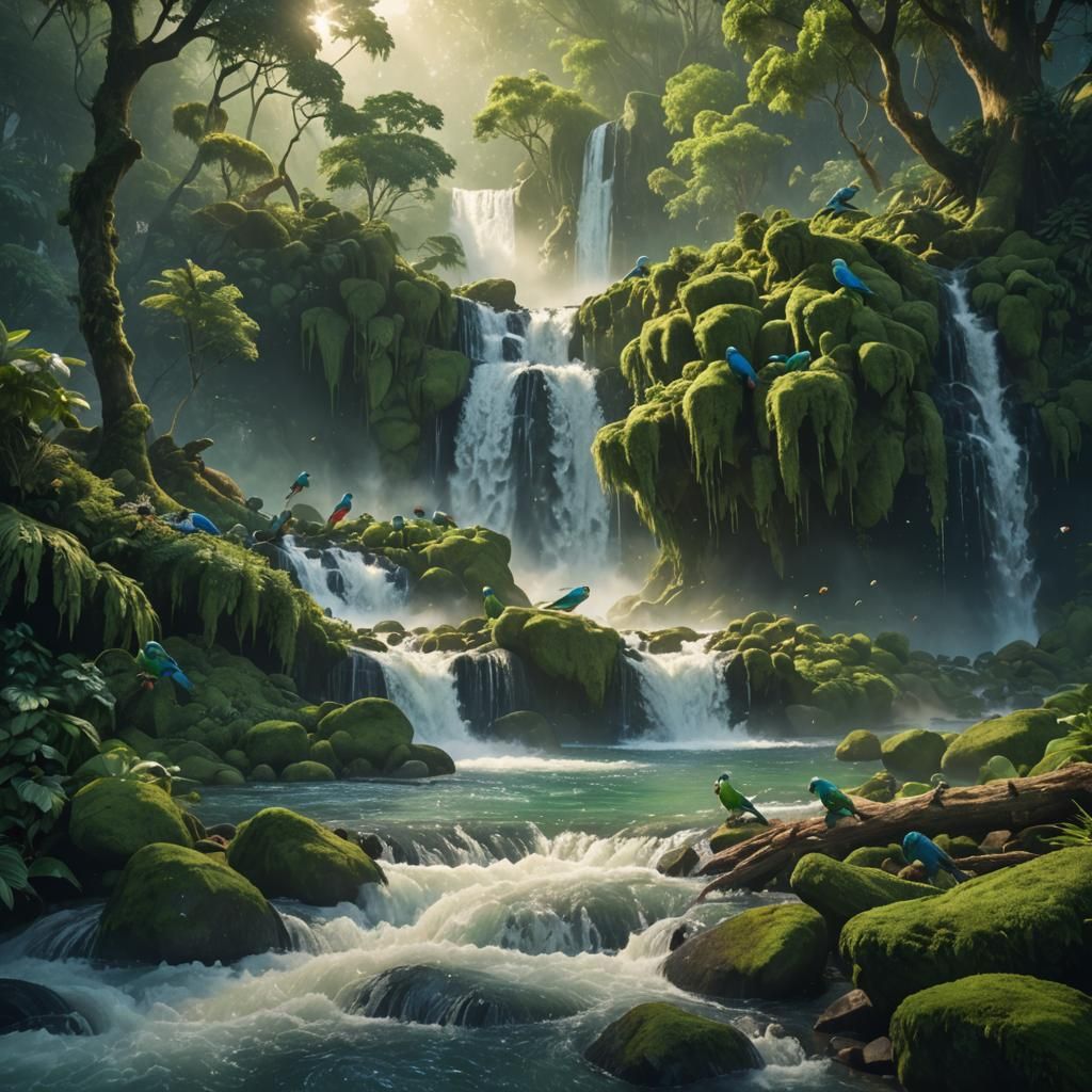 Tropical Waterfall Scene with Quaker Parrots