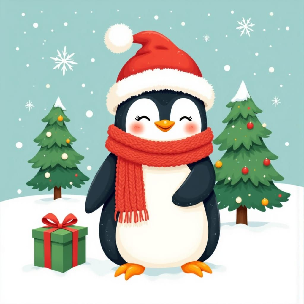 <lora:Christmas Clipart:1.0>A penguin is standing upright in the snow, wearing a fluffy red Santa hat and a thick knitted red scarf wrapped ...