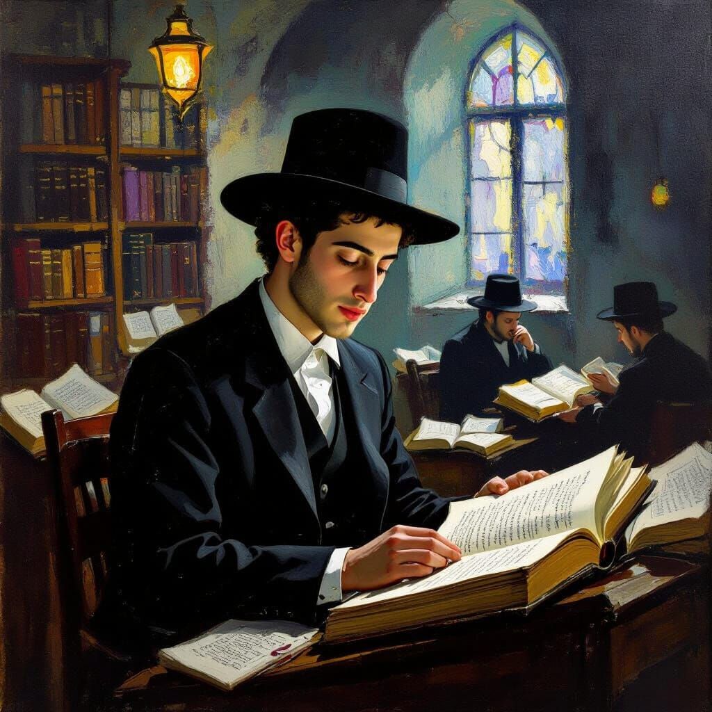 Orthodox Jewish Man Studying in Expressionistic Style