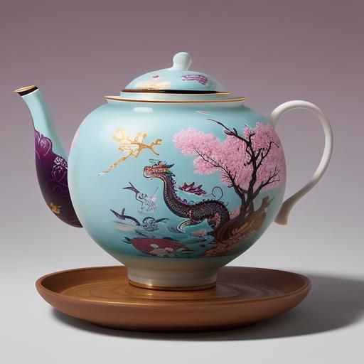 A delicate porcelain teacup and teapot adorned with intricat...