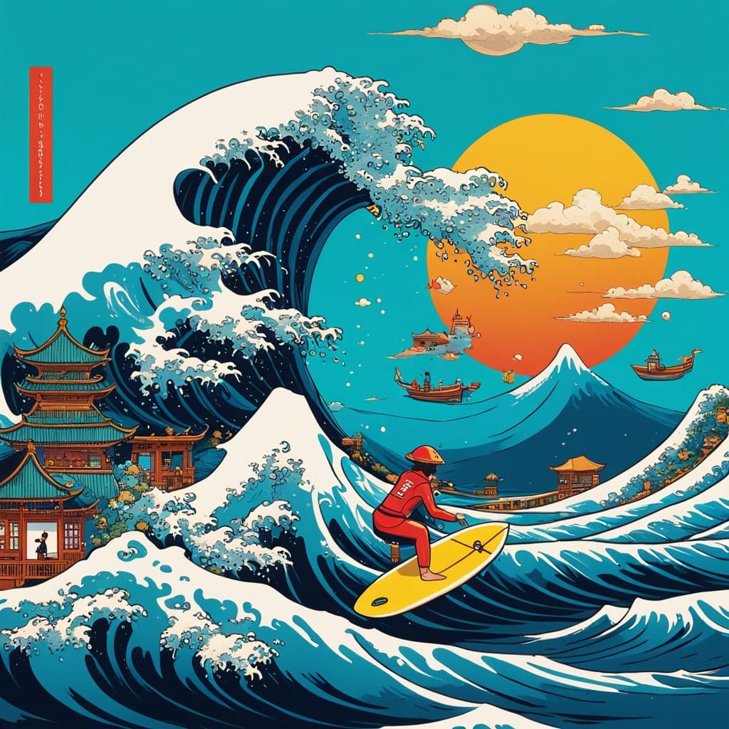 Woman Surfing Majestic Emoji Wave in Hokusai Murakami Style