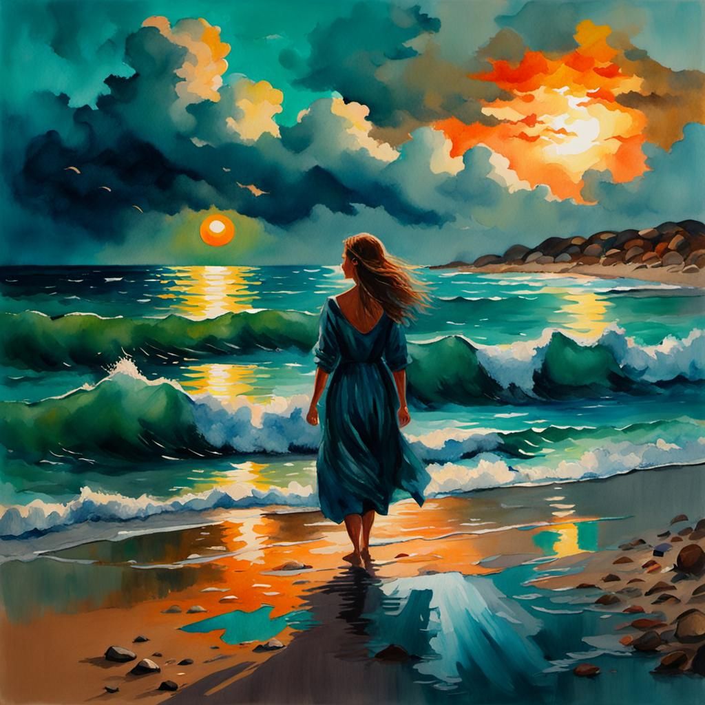 a landscape portrait watercolor of a beach