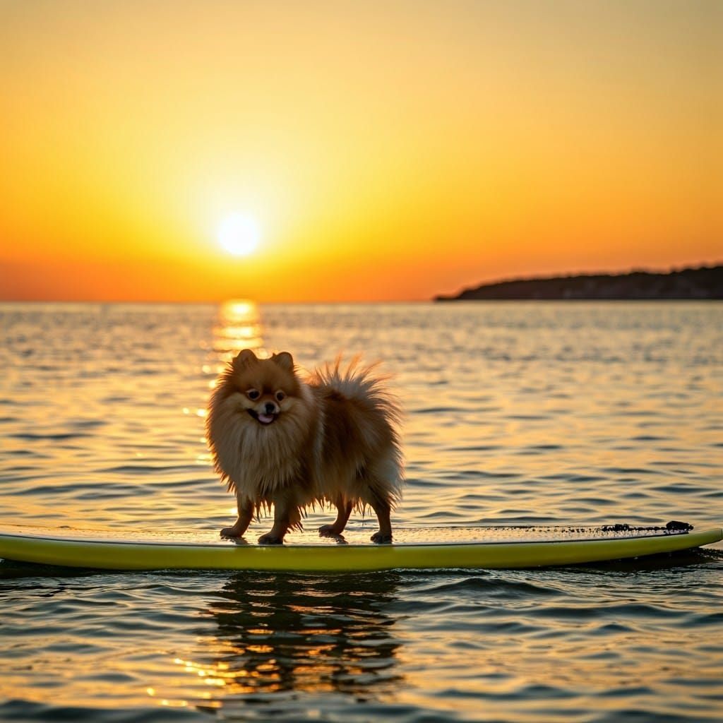Surfing Pomeranian in Sunset Sea
