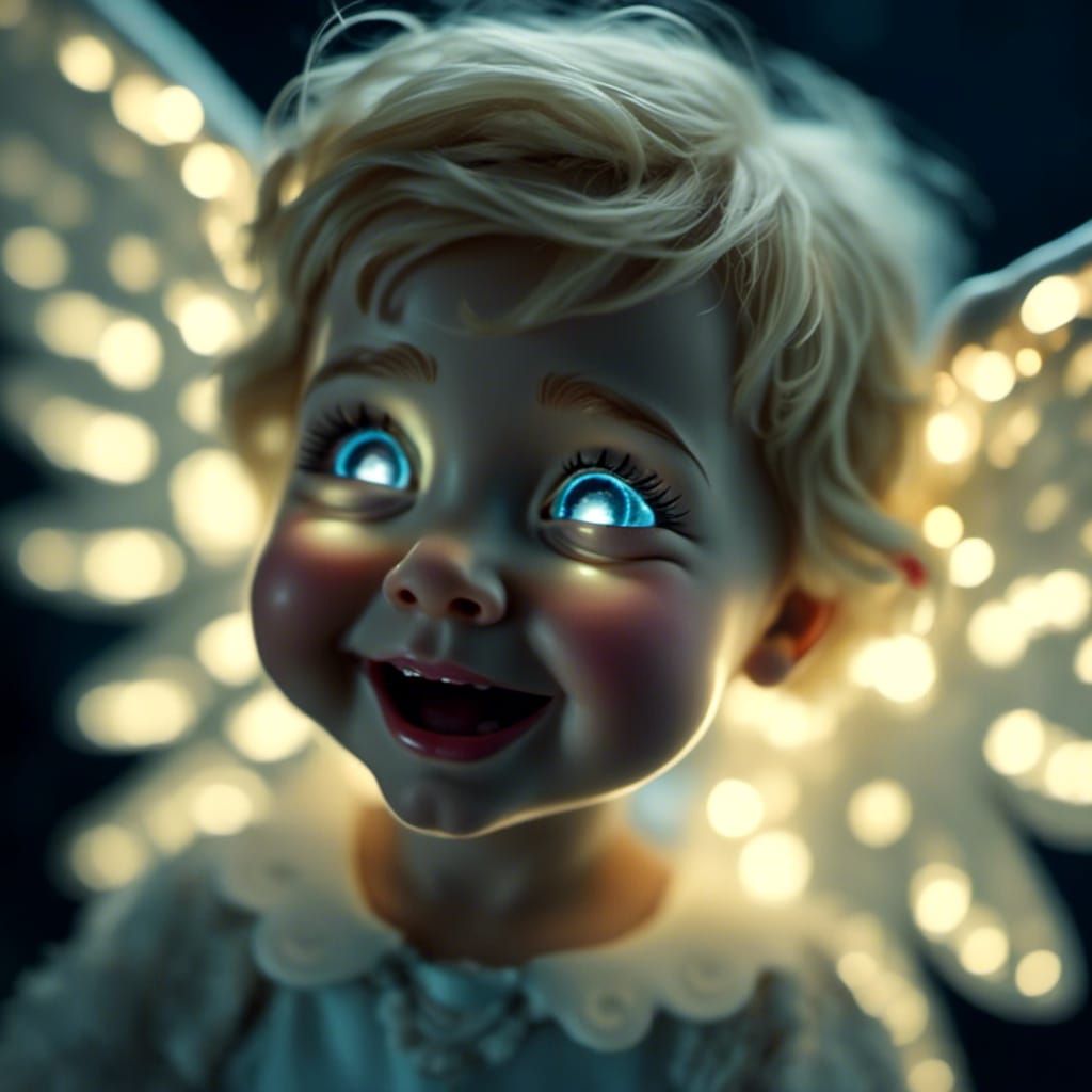 cinematic film still of a cute blonde angel giggling, absolutely adorable with bioluminescent eye retinas. highly detailed, shallow depth of...