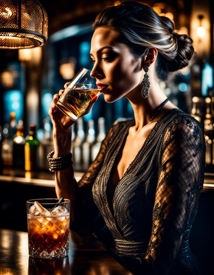 photo realistic, young woman drinking at a cocktail bar intricate ...