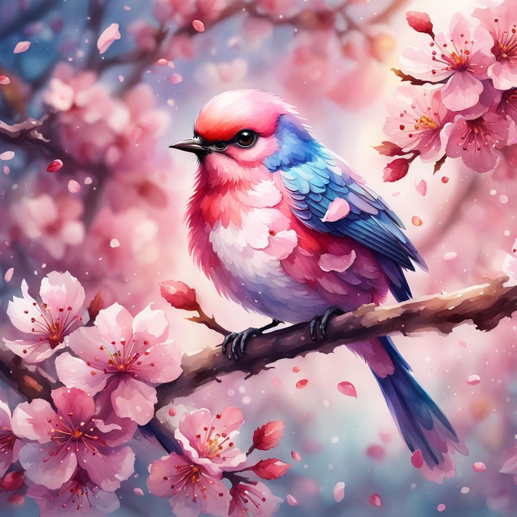 A watercolor painting of an adorable cherry blossom bird   by @Canonlian