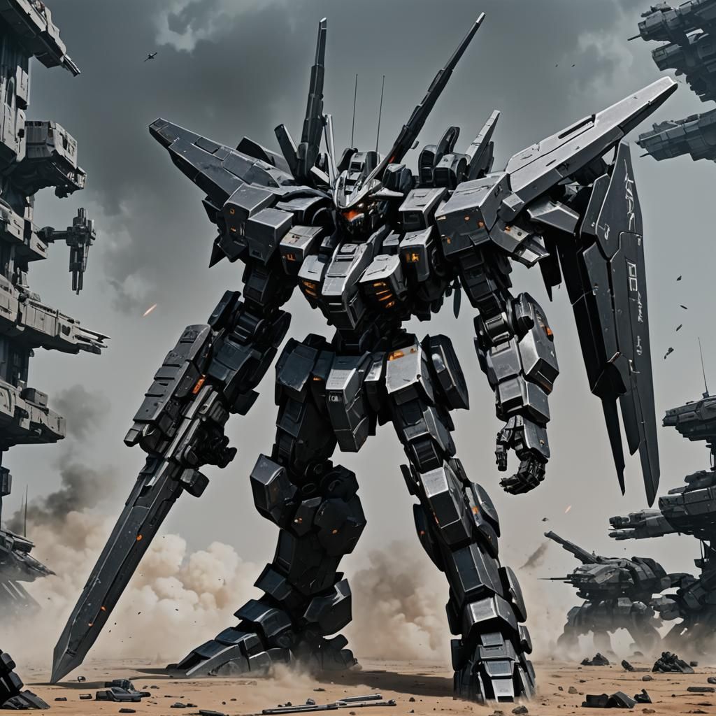 Black Colored Armored Core Mech. A Large Sword in it's hand....