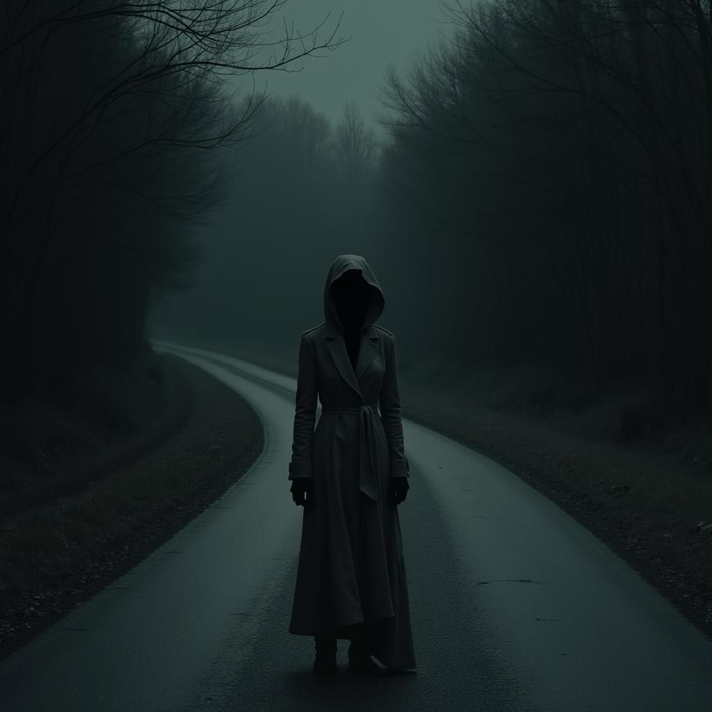 Late night drive, driver’s point of view, woman on the side of the road has no face horror Gustave Doré Greg Rutkowski