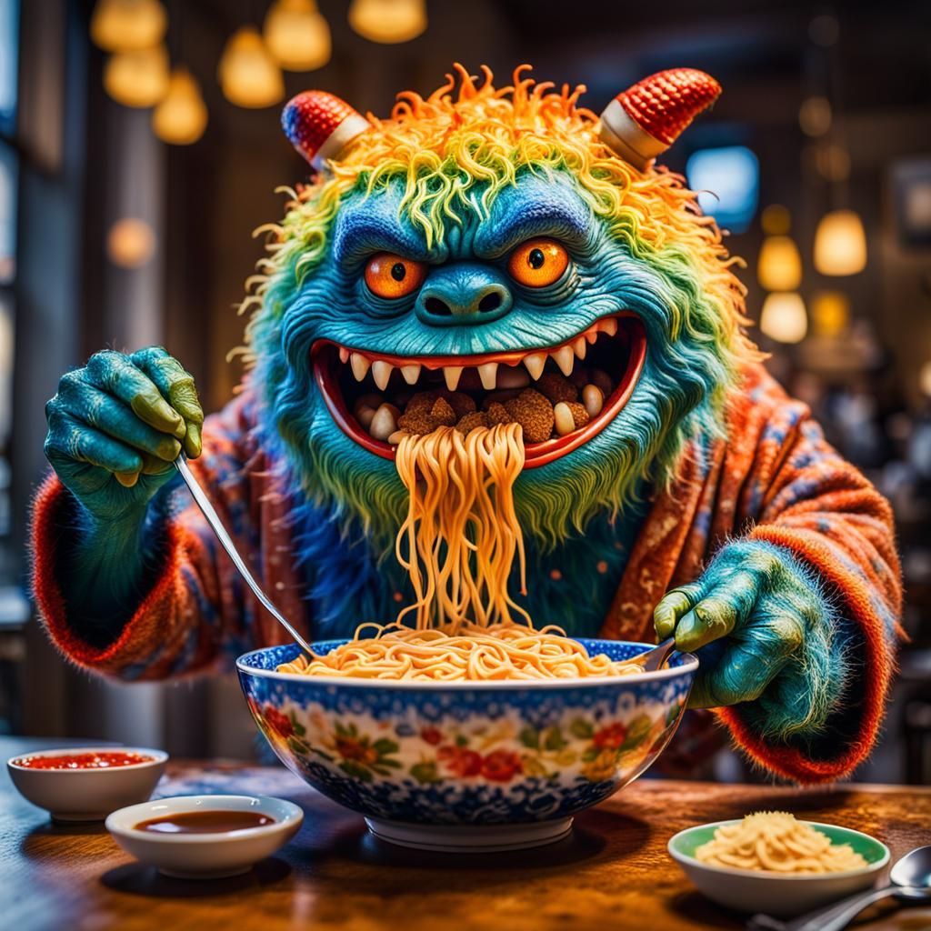 A Fuzzy Monster Enjoying A 🍜 Chinese Ramen Ai Generated Artwork