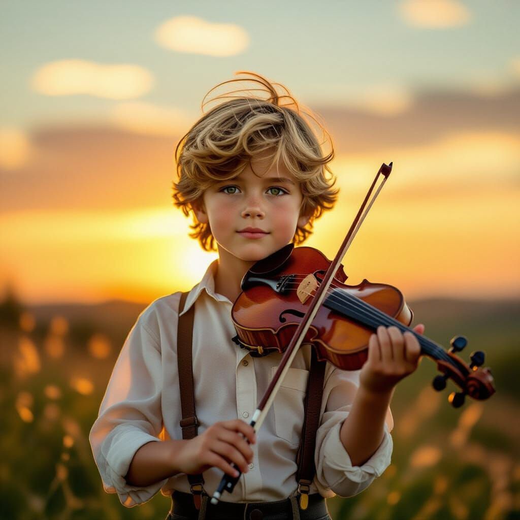 Boy Violinist at Sunset: Impressionistic Realism