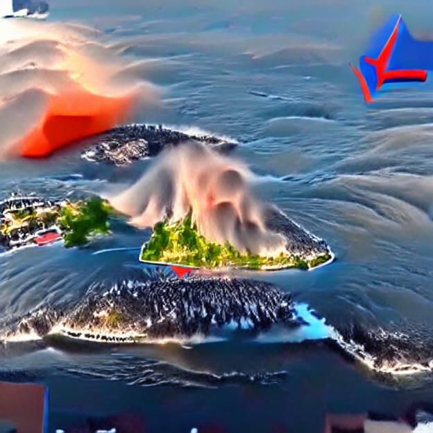 Huge wave coming from island with volcano erupting hitting n...