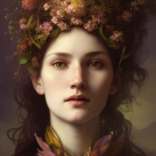 Rembrandt portrait, female model, floral background, floral ...