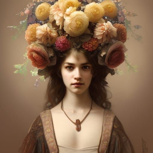 Rembrandt portrait, female model, floral background, floral ...