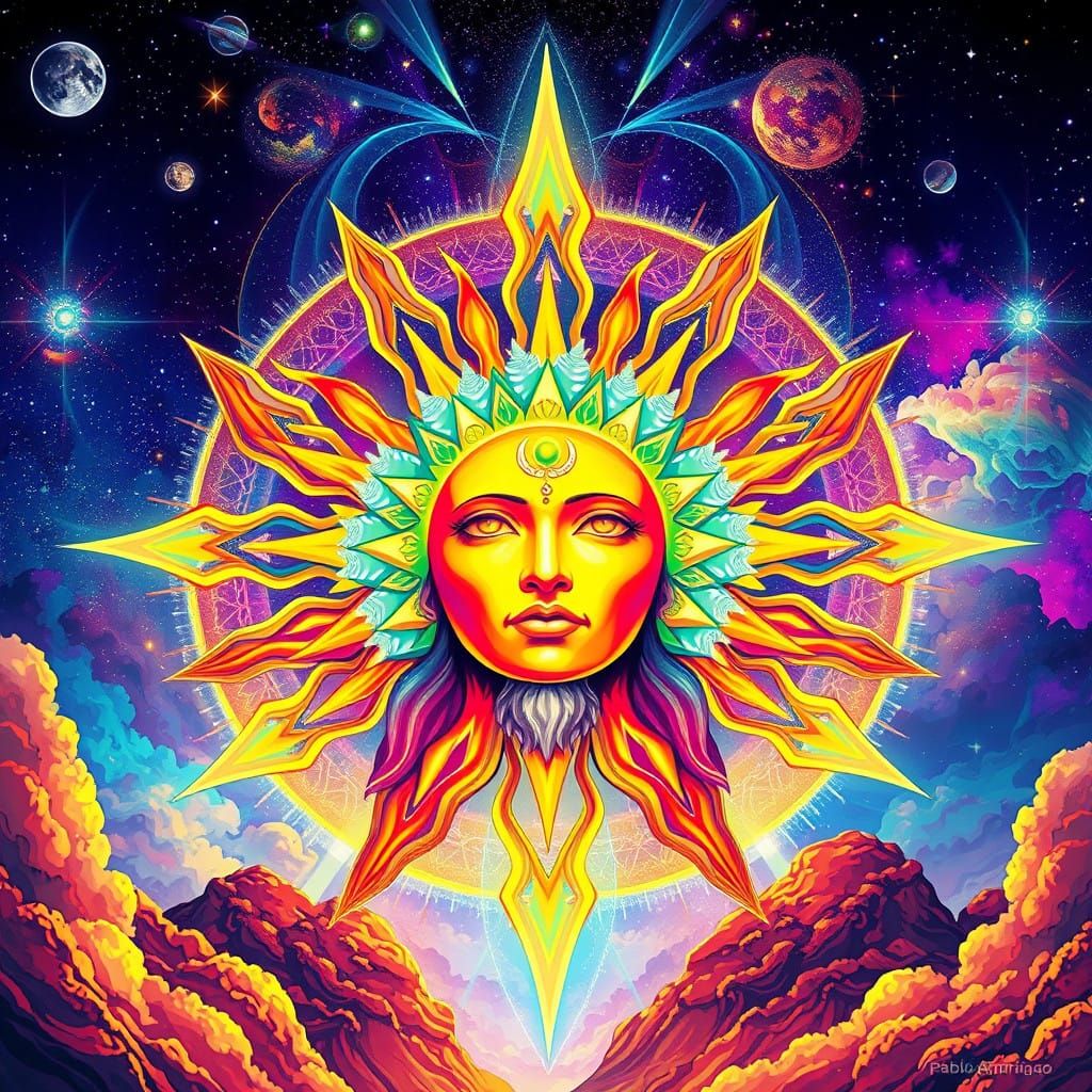 Vibrant Sun God in Celestial Holographic Style