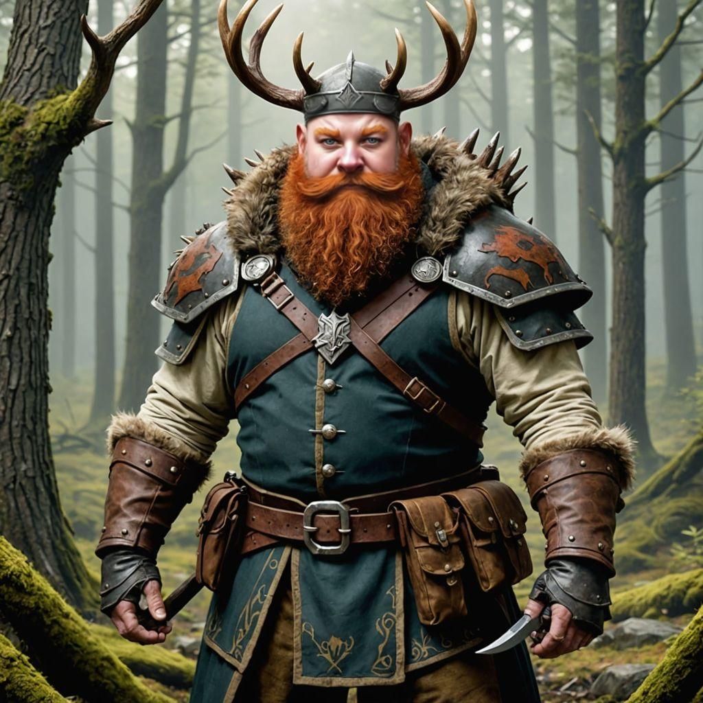 A d&d ranger short, fat, bald with crown made of stag antler...