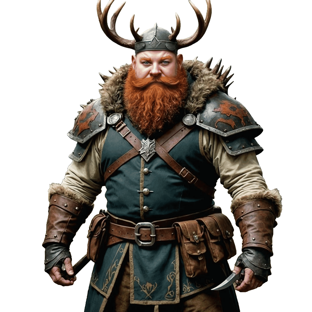 A d&d ranger short, fat, bald with crown made of stag antler...