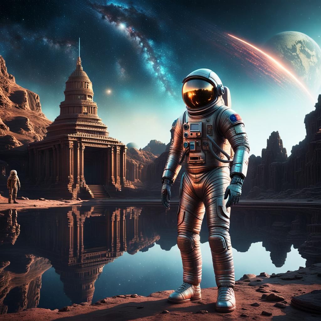 Astronaut Overlooking Starry Galaxy at Alien Temple