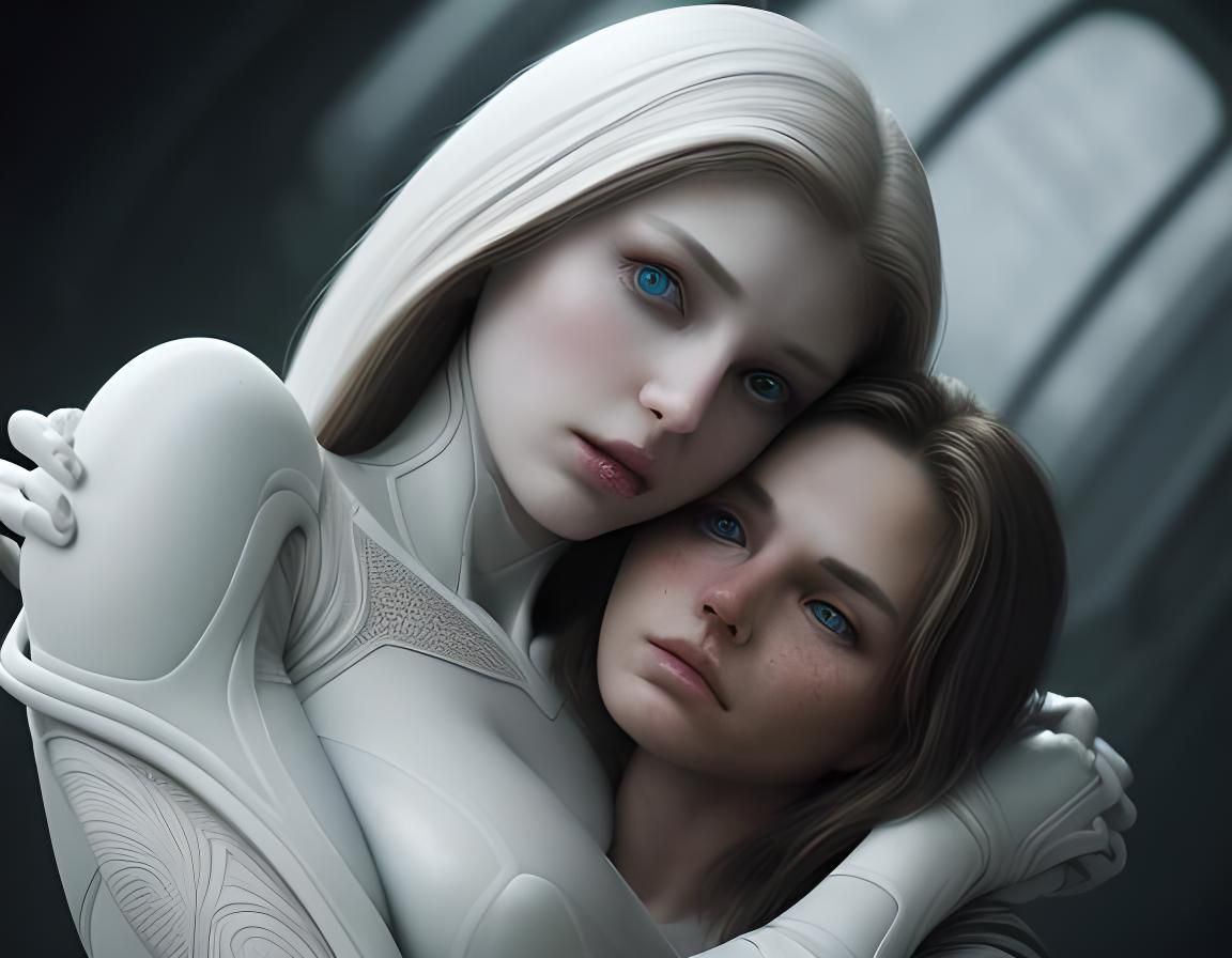 beauty brunette and white skinned alien lady hug