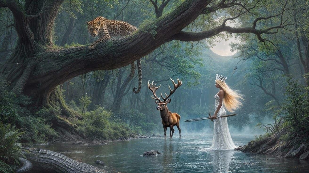 deep forest with leopard in a tree looking down on a large deer and beautiful  standing women in leather with weapons and a sword in the wat...