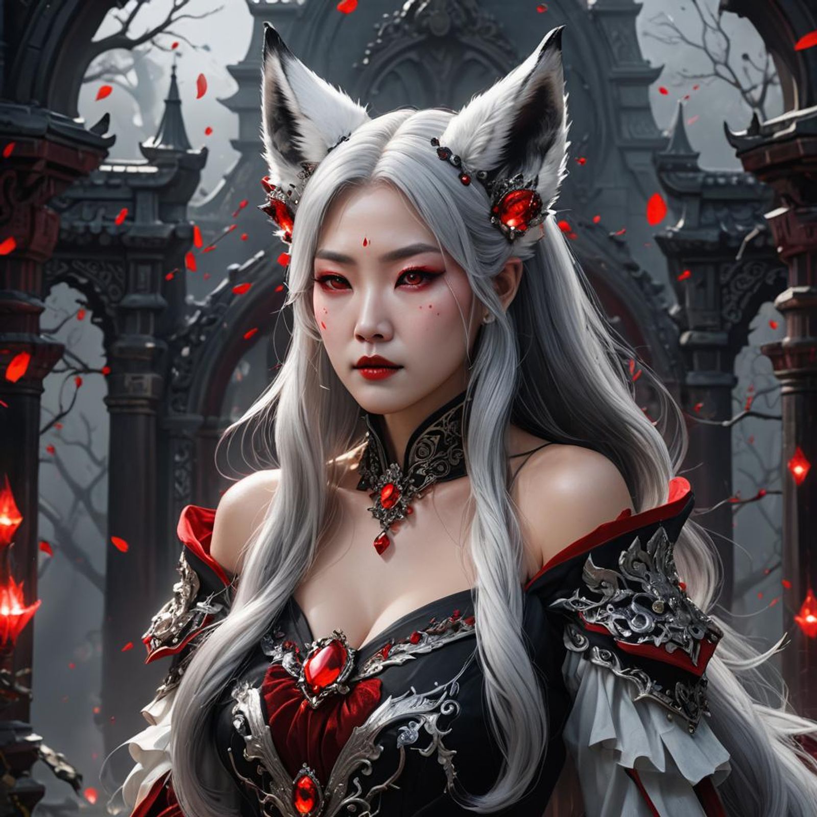 korean lady silver hair black dress red crystals white fox ears vampire