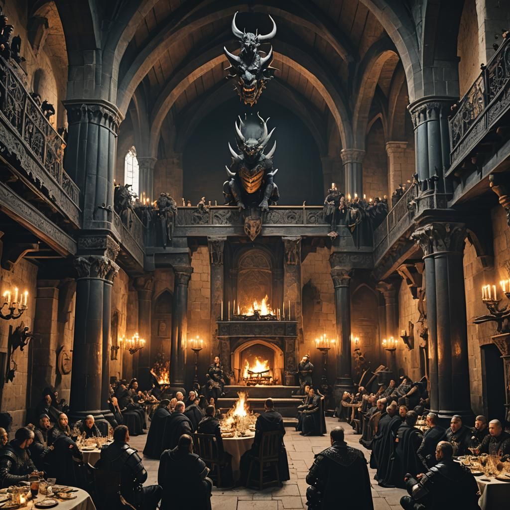 Low angle view of a medieval banquet hall, large roaring fir...