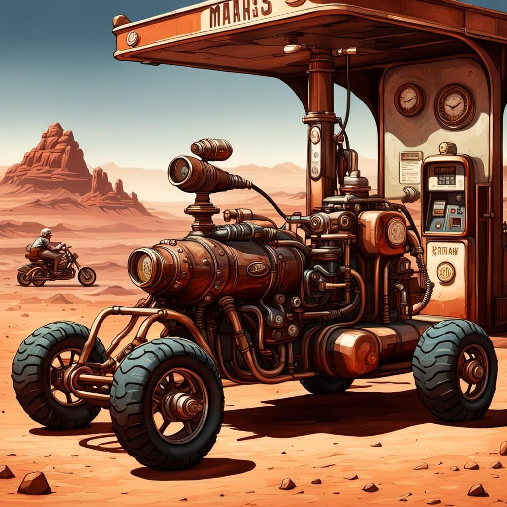 Gas station on Mars with a three wheel motor cycle at the pu...