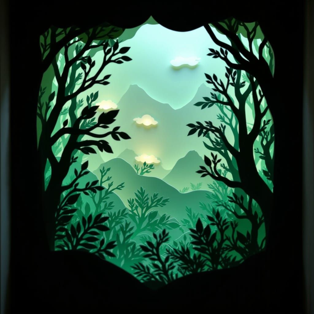 <lora:Shadowbox Cutscape:1.0> Shadowbox Cutscape, papercut diorama, complimentary lighting, Brazilian Rainforest on a rainy day.