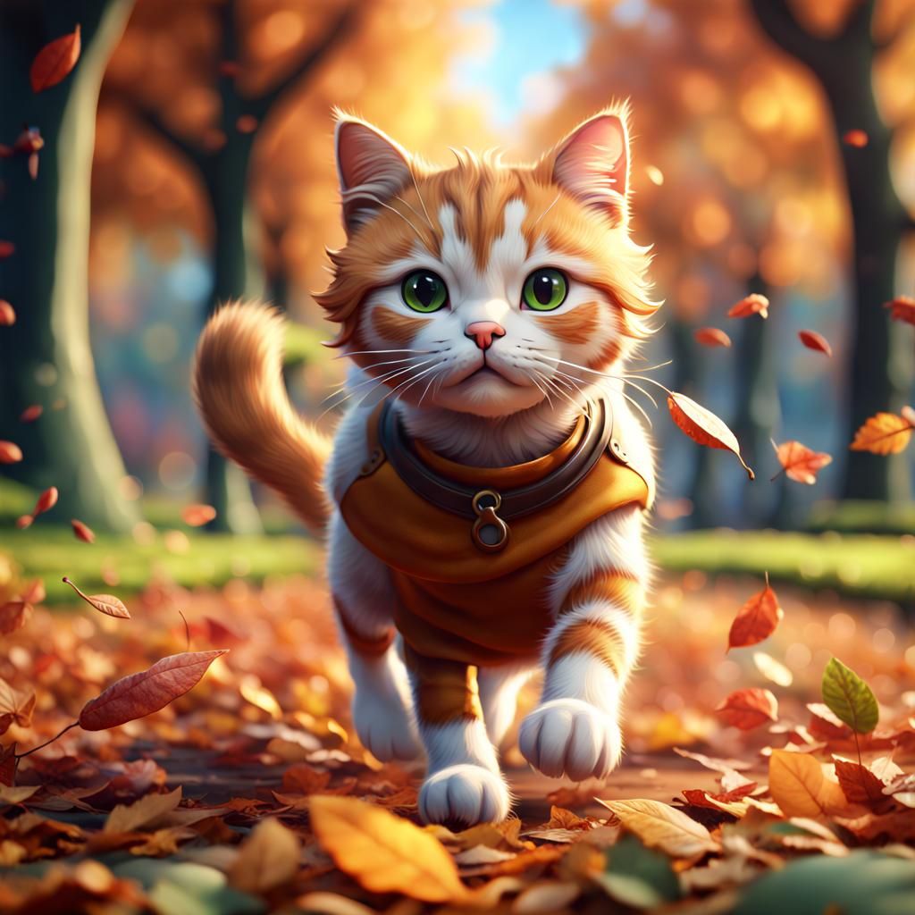 Cute cat in a park running playing leaves cozy illustration - AI ...