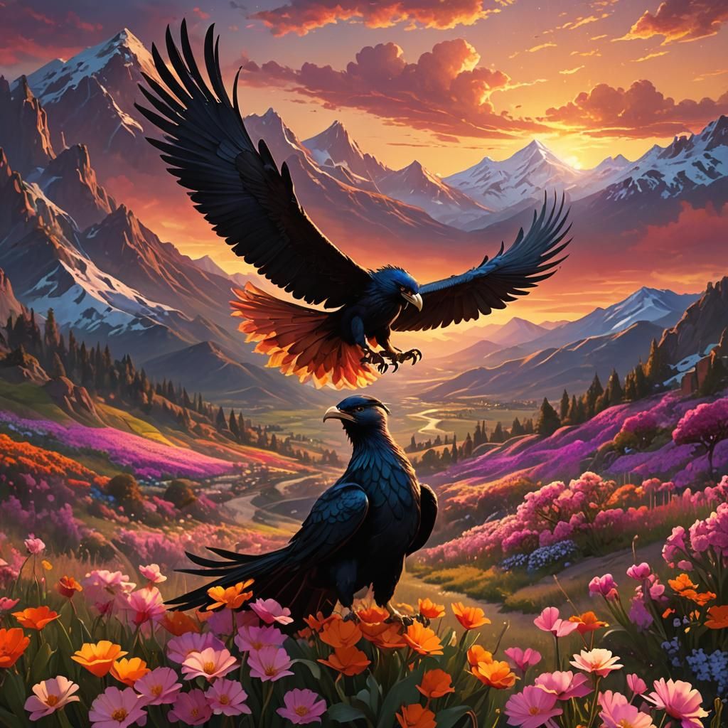 Black Phoenix Rises in a Sunset Landscape