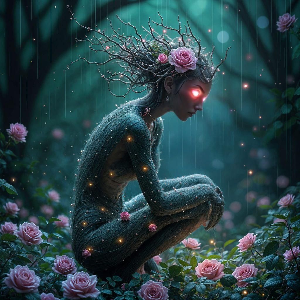Mystical Leaf Deity Portrait in Dark Rose Garden