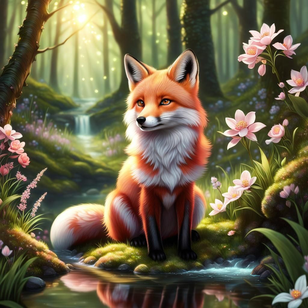 Red fox sitting by a sparkling spring  by @Soph-A-Loaf