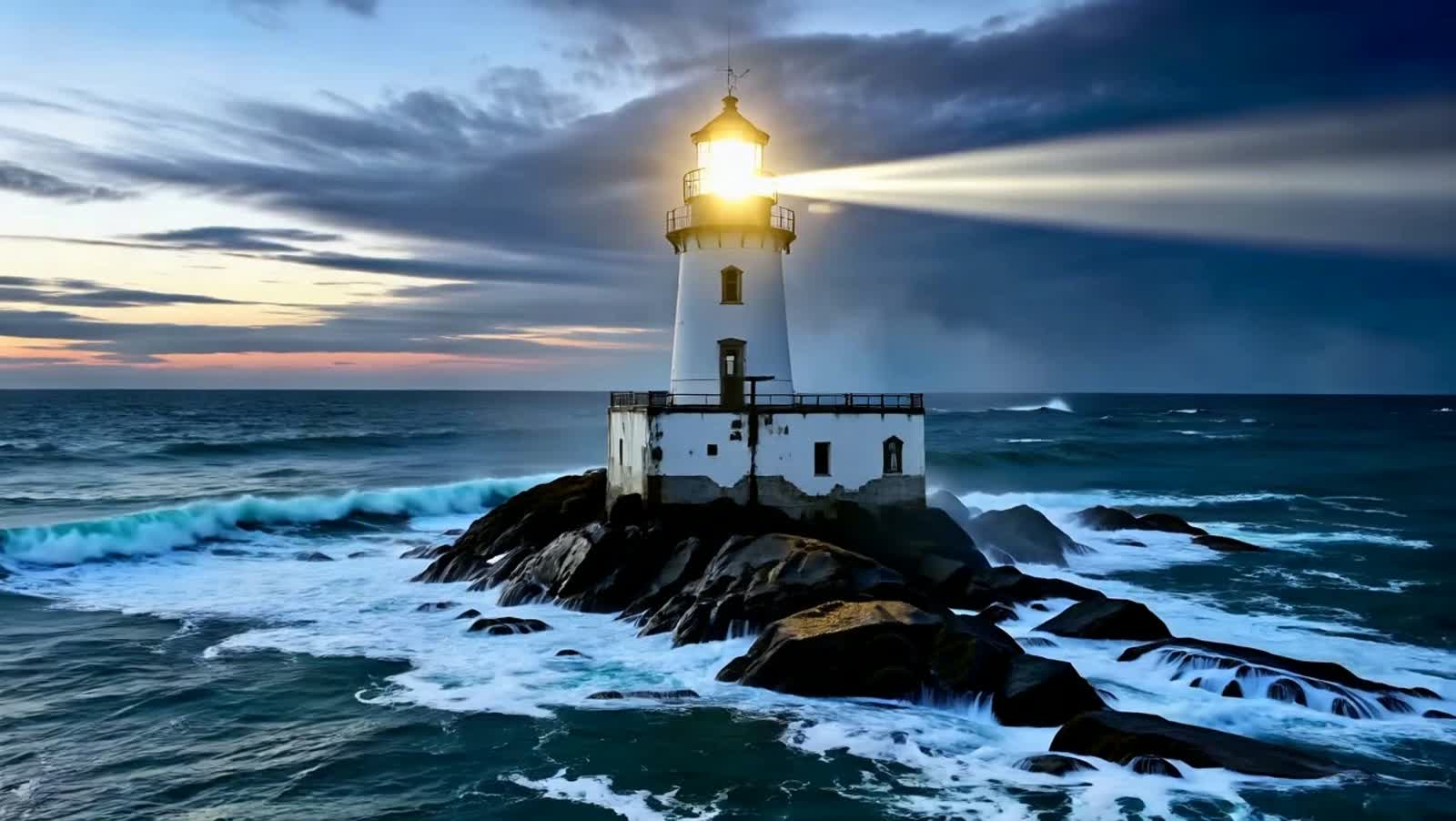 A solitary, weathered lighthouse stands defiantly against a tempestuous, ink-black sea under a sky bruised with twilight...
