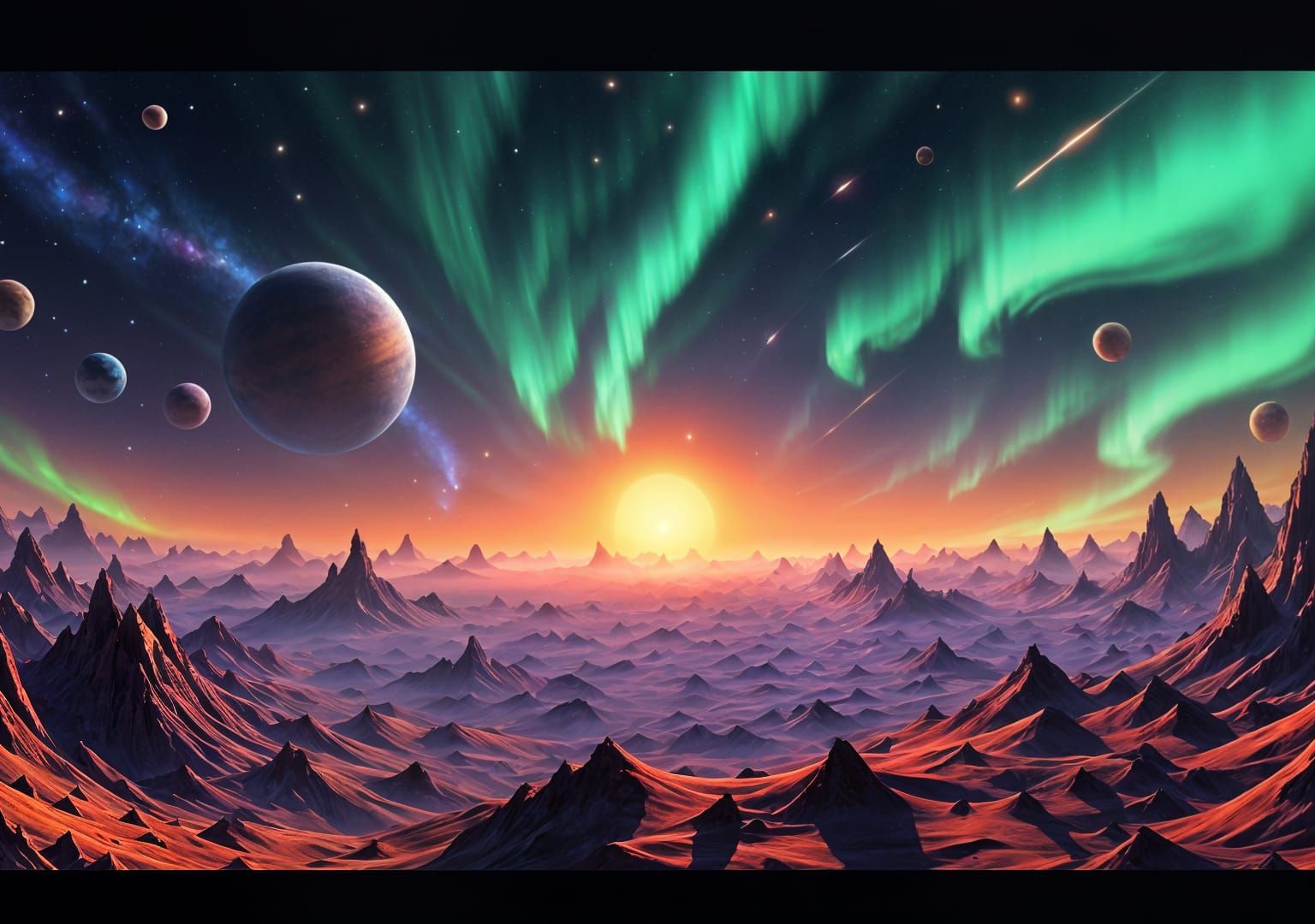 A captivating and highly detailed 8K matte painting of a cosmic landscape at night. The sky is filled with vibrant warm colors, including sw...