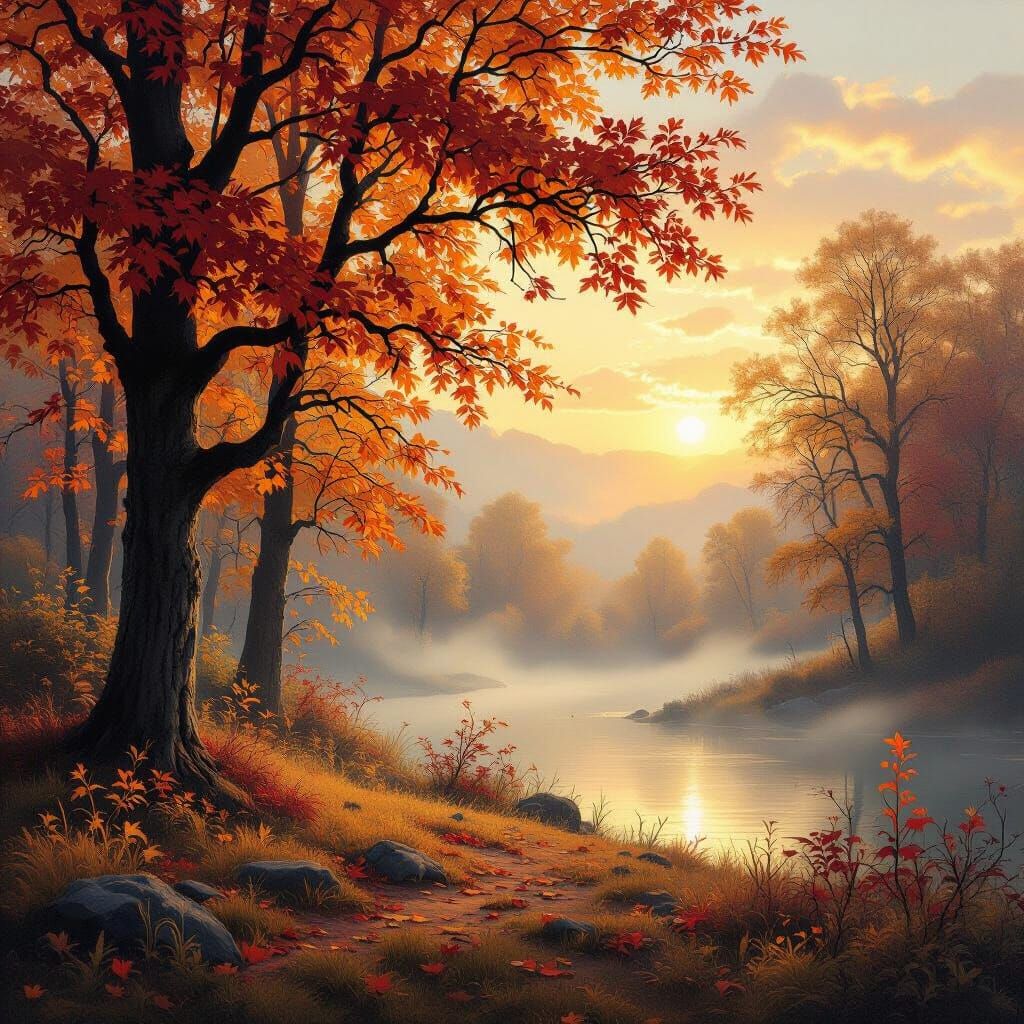 Dreamy Magical Autumn Landscape at Golden Hour