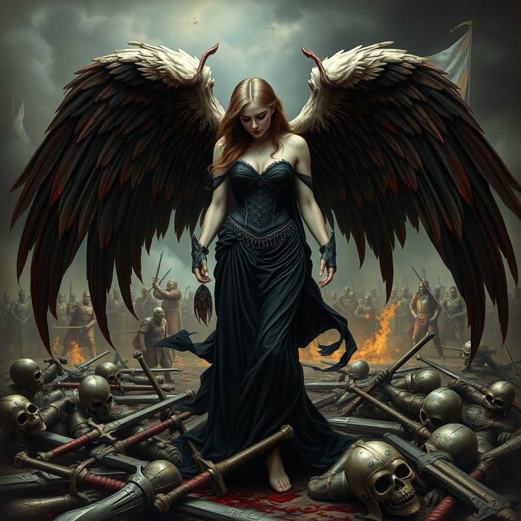 imagine a sorrowful Angel of Death weeping over a battlefield, collecting the souls of fallen warriors. ...  by @Joe