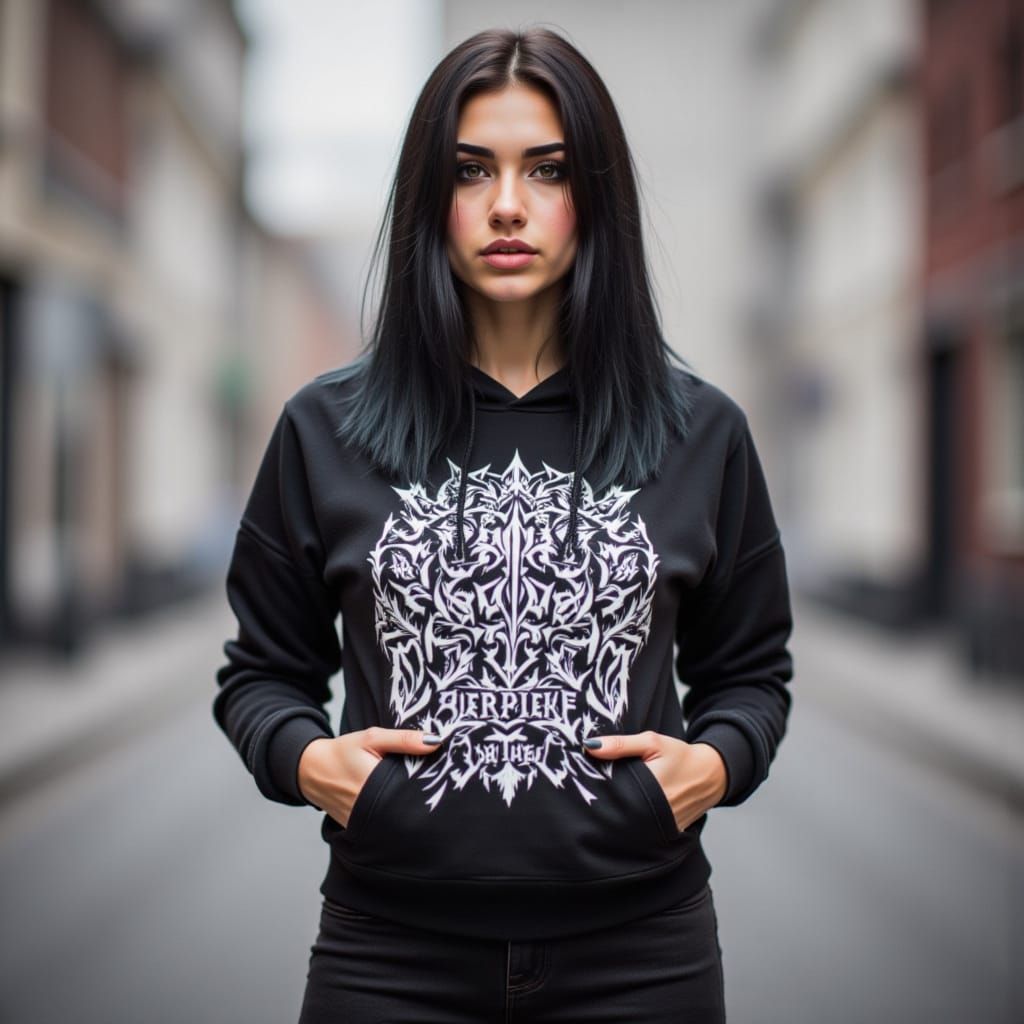 Woman in Green Hoodie with Metal Font