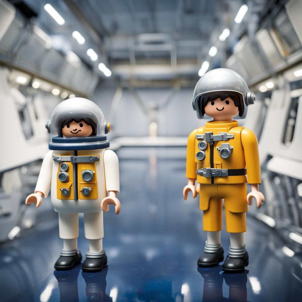 " Deux playmobil à grosses têtes  dans l'espace"