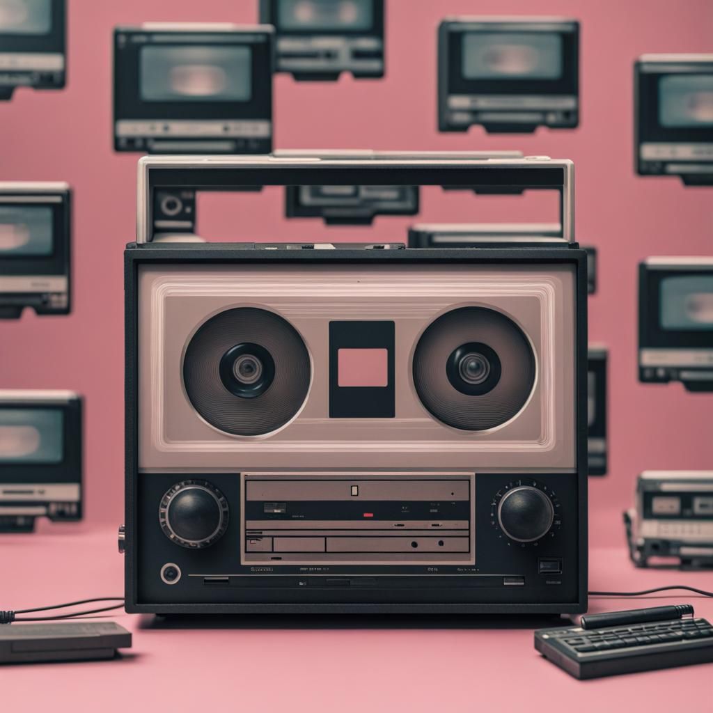 Manipulated images of vintage technology, such as old computers, VHS