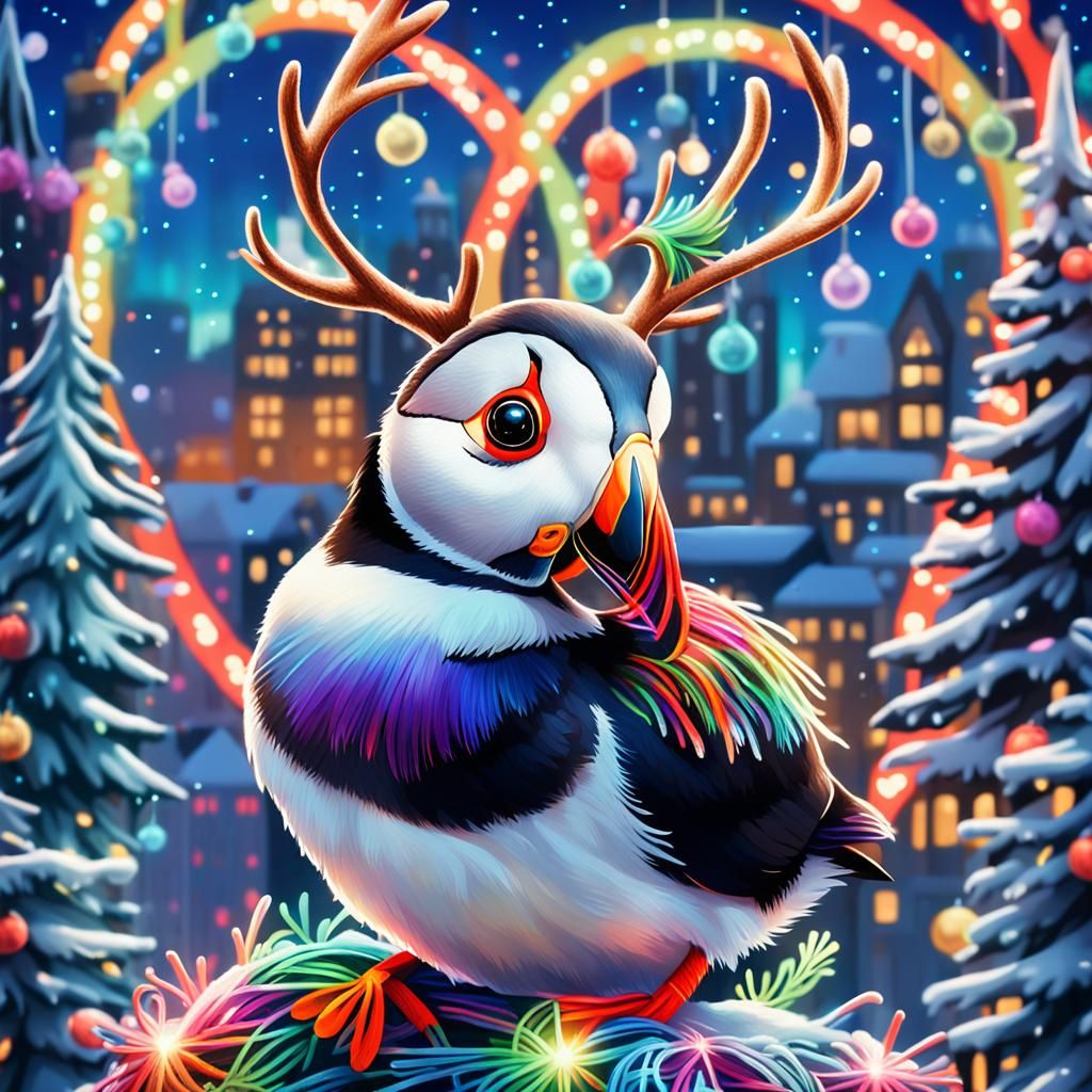 Surrealist Father Christmas Psychedelic puffin bird with deer antlers on their head slays 