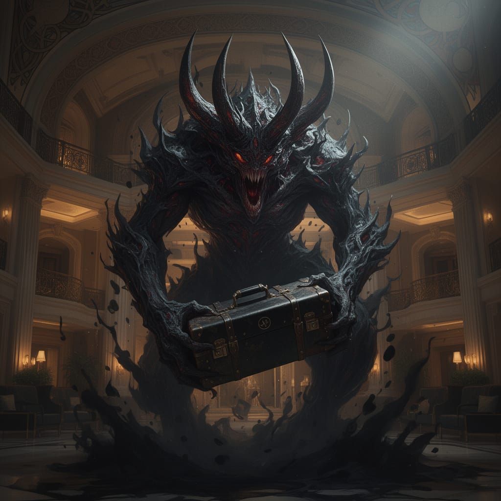 create a scary monster with three horns on its head holding a scary looking trvel box standing in front of a luxurious hotel.